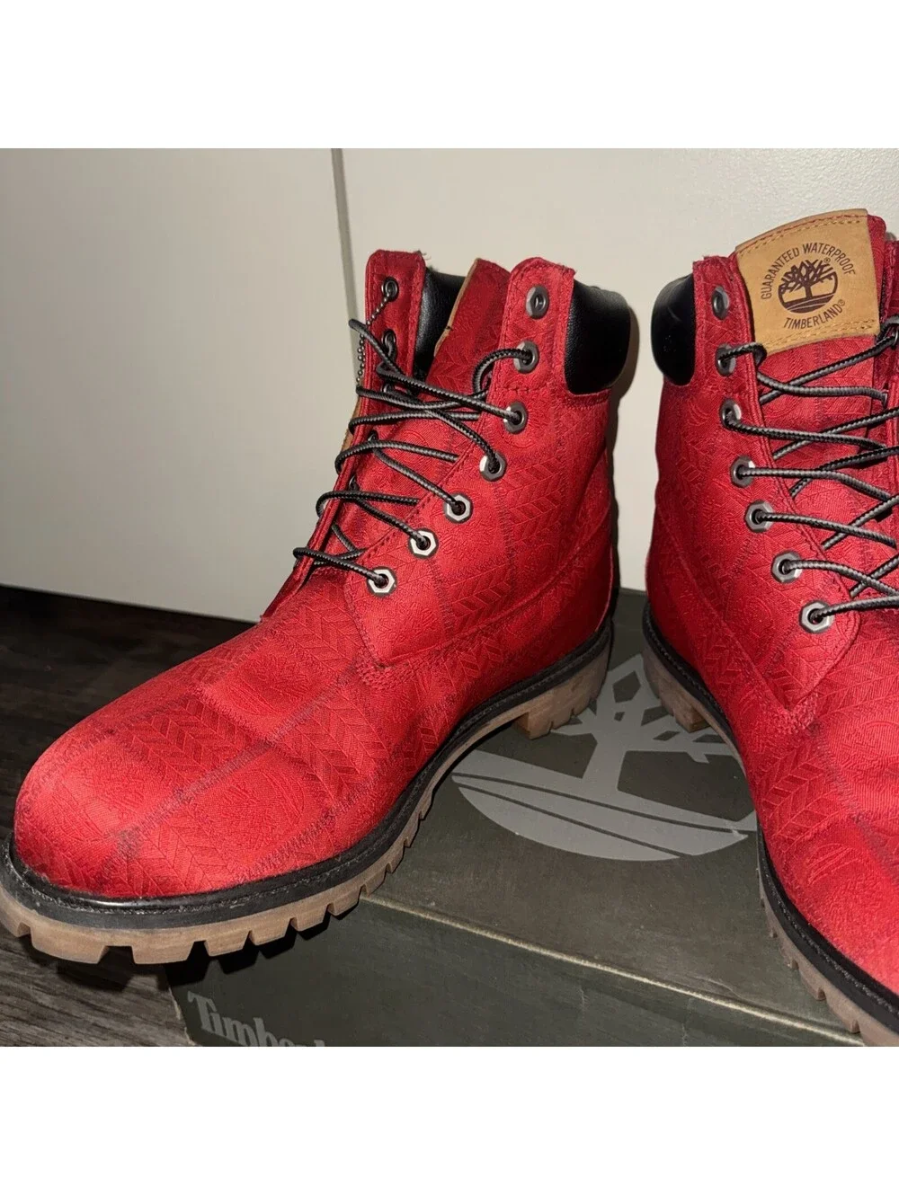 Timberland Red Embossed Patch Fabric Logo Waterproof Boots Size 12/ EU 46